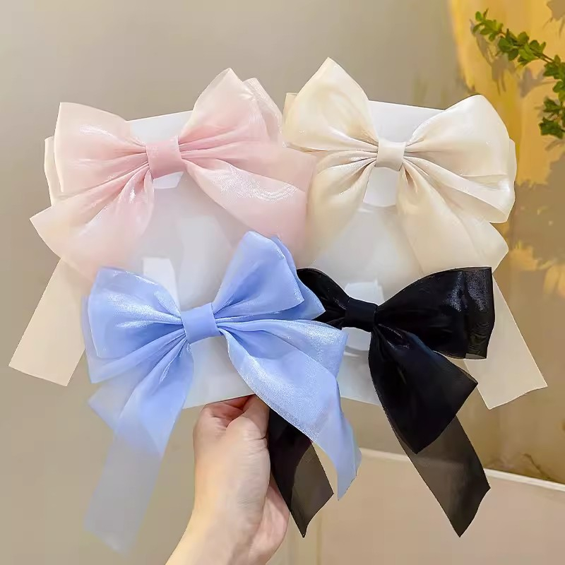 Kẹp Tóc Hình Nơ Vải Satin Đính Ngọc Trai Phong Cách Hàn Quốc