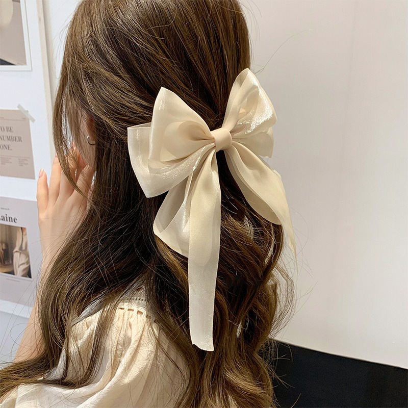 Kẹp Tóc Hình Nơ Vải Satin Đính Ngọc Trai Phong Cách Hàn Quốc