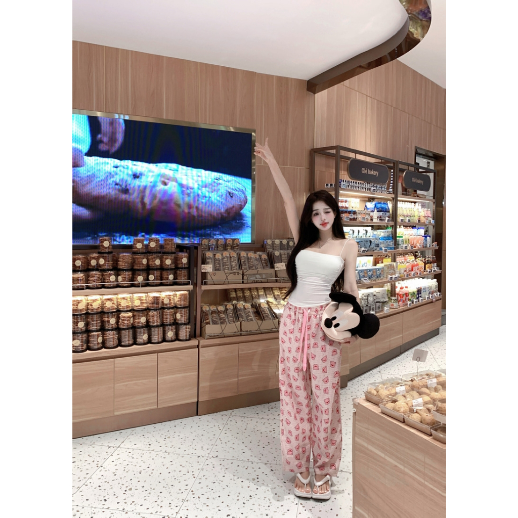 Quần Dài Lưng Cao Ống Rộng In Họa Tiết Heo Hồng Dễ Thương Thời Trang Mùa Hè Cho Nữ