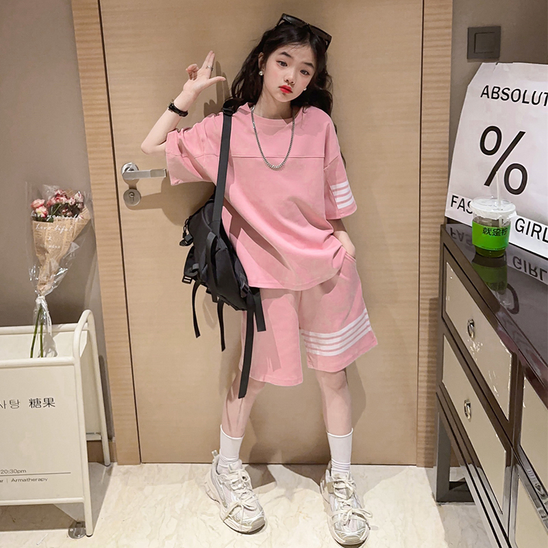 Set Áo Thun Ngắn Tay Cổ Tròn + Quần Short Thể Thao Thời Trang Mùa Hè Cho Bé Gái 3-14 Tuổi