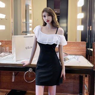 Hộp đêm gợi cảm Xù Khâu màu tương phản Sling Vai rò rỉ Váy chữ A Váy ngắn sang trọng Váy cổ phẳng Kỳ nghỉ Tiệc giải trí Tiệc sinh nhật Trang phục hẹn hò