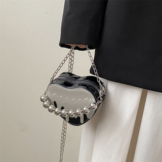 ❤ Túi Xách Da PU mini Phối Dây Xích Kim Loại + Ngọc Trai Màu Đen Họa Tiết Trái Tim Thời Trang Cho Nữ