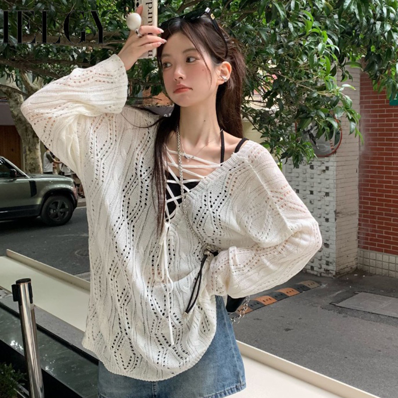 IELGY Áo sweater Dệt Kim Mỏng Tay Dài Khoét Lỗ Phong Cách Hàn Quốc Cho Nữ