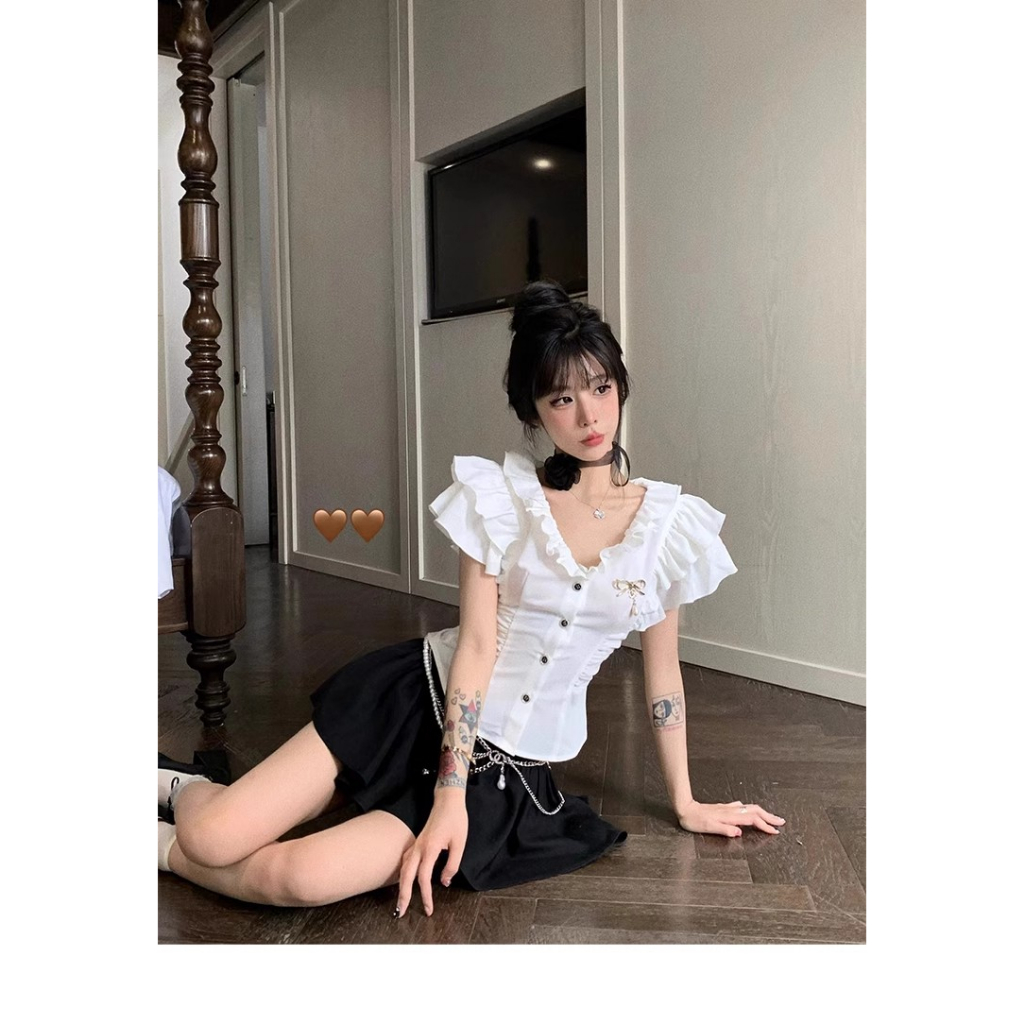 Áo Sơ Mi Tay Ngắn Cổ Chữ v Ôm Eo Phong Cách Pháp Thời Trang Mùa Hè Cho Nữ