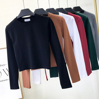 Gợi Cảm Cotton Đen Quần Áo Nữ Cổ Tròn Tay Dài Rốn Mùa Thu Đế Quần Áo Nữ Thời Trang Ropa Mujer