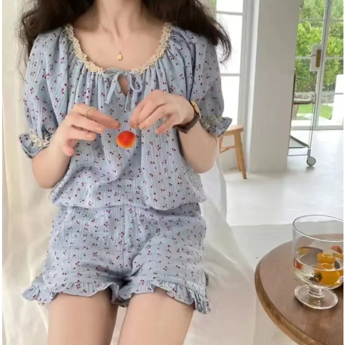 Bộ Đồ Ngủ Tay Ngắn Phối Bèo Họa Tiết Cherry Dễ Thương Thời Trang Mùa Hè Cho Nữ