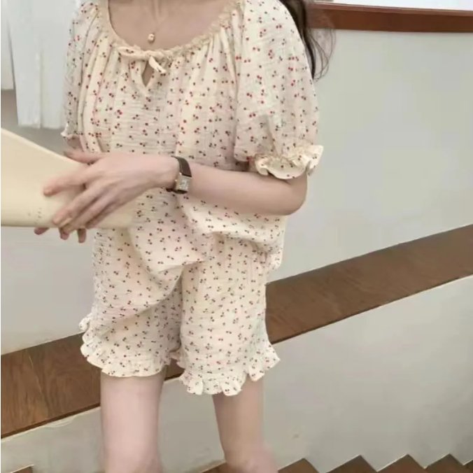Bộ Đồ Ngủ Tay Ngắn Phối Bèo Họa Tiết Cherry Dễ Thương Thời Trang Mùa Hè Cho Nữ