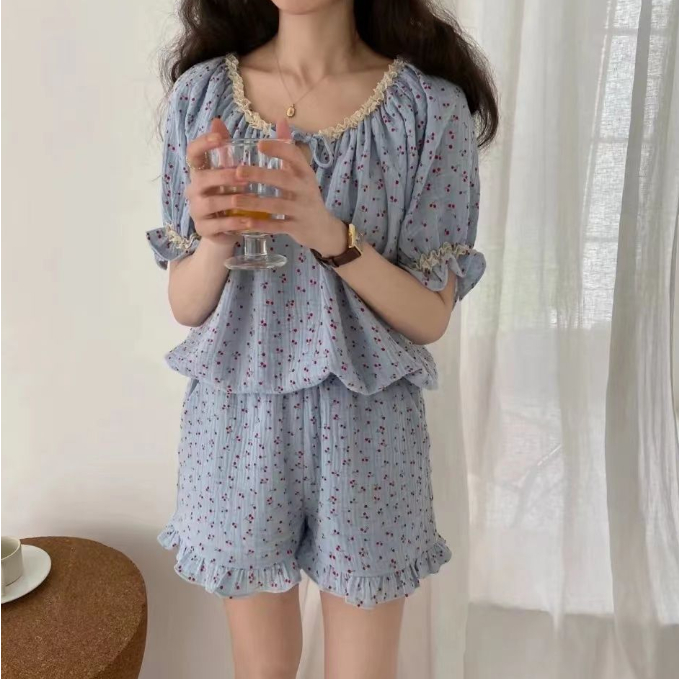 Bộ Đồ Ngủ Tay Ngắn Phối Bèo Họa Tiết Cherry Dễ Thương Thời Trang Mùa Hè Cho Nữ