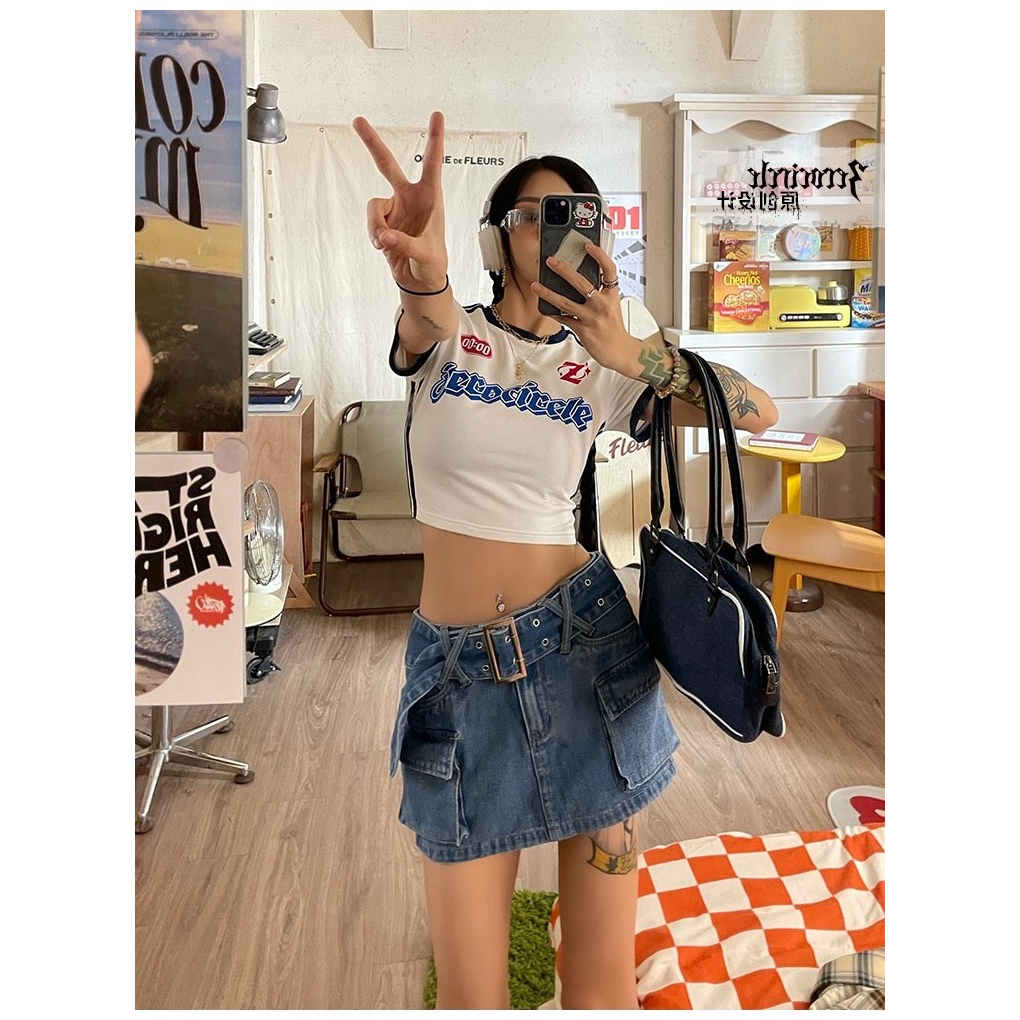 QADCOL Áo Thun Croptop Tay Ngắn Dáng Ôm In Họa Tiết Thời Trang retro Mỹ Cho Nữ