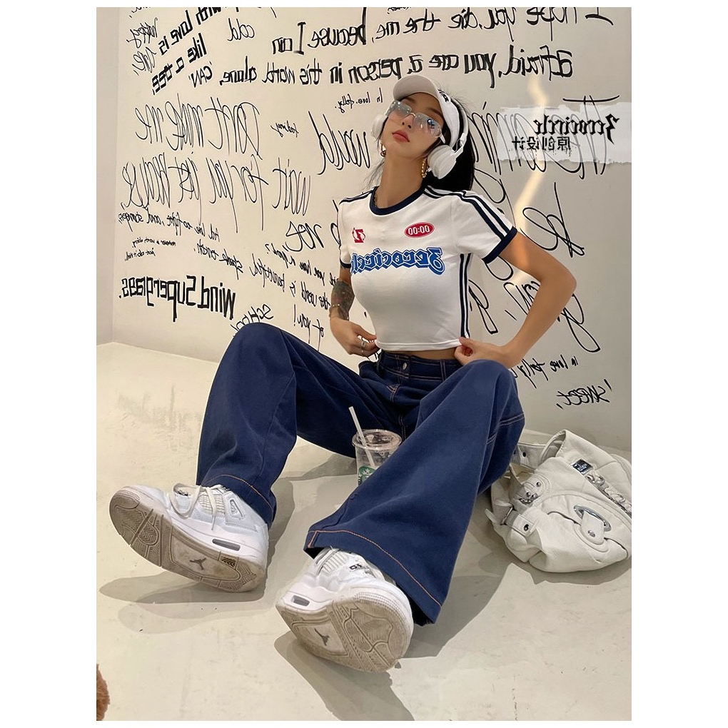 QADCOL Áo Thun Croptop Tay Ngắn Dáng Ôm In Họa Tiết Thời Trang retro Mỹ Cho Nữ