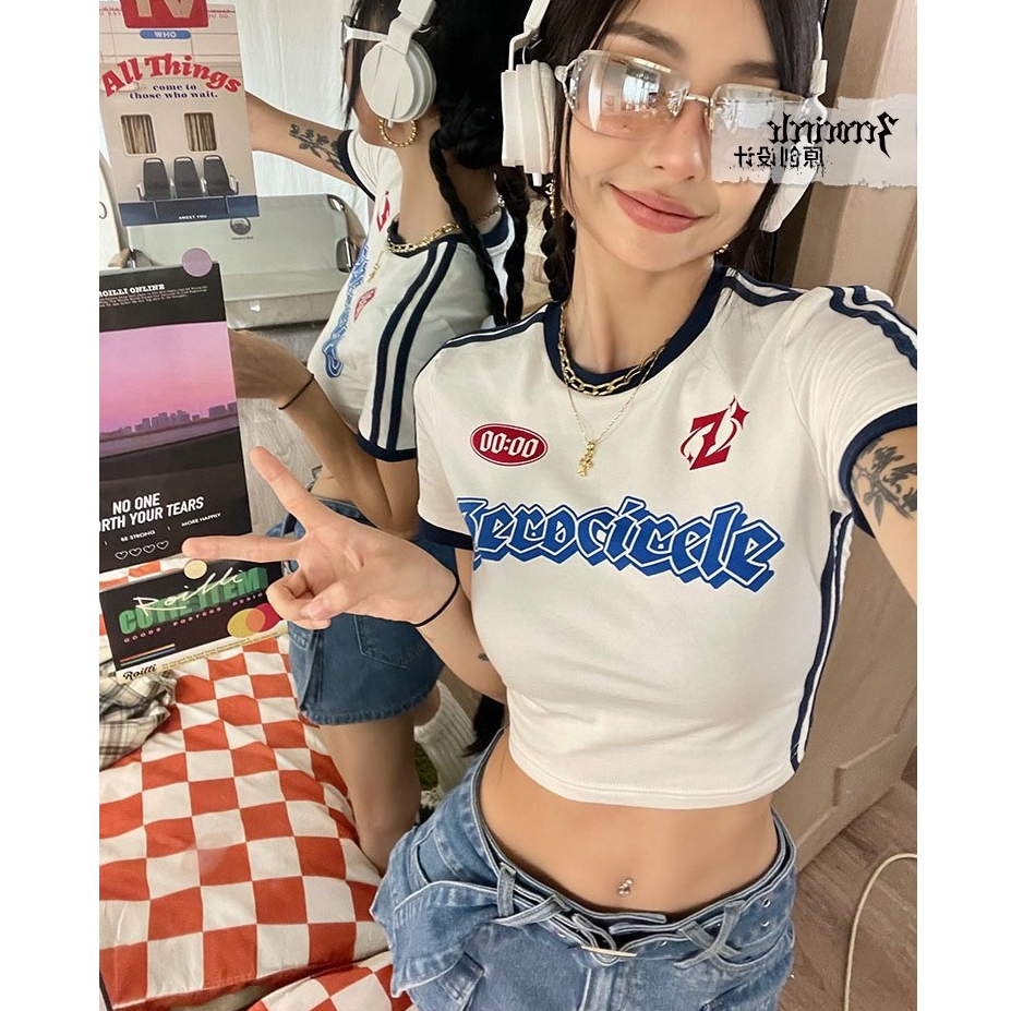 QADCOL Áo Thun Croptop Tay Ngắn Dáng Ôm In Họa Tiết Thời Trang retro Mỹ Cho Nữ