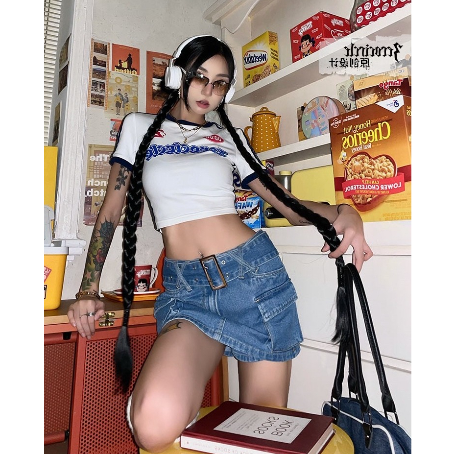 QADCOL Áo Thun Croptop Tay Ngắn Dáng Ôm In Họa Tiết Thời Trang retro Mỹ Cho Nữ