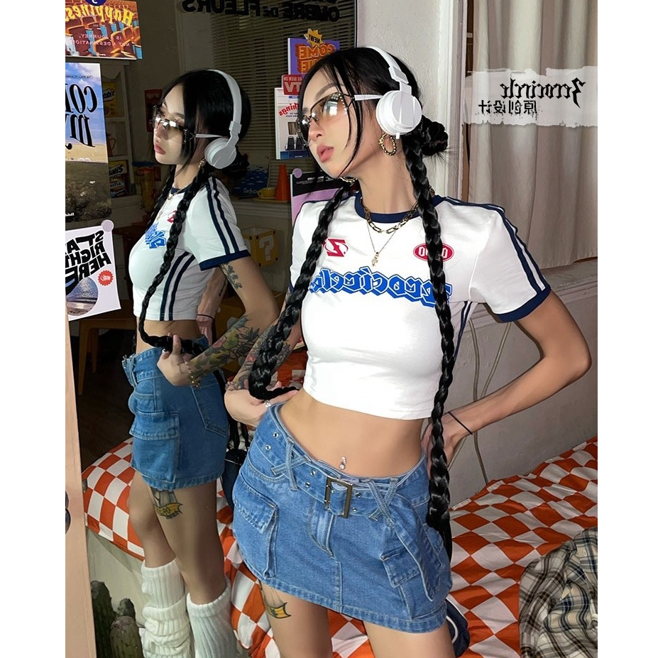 QADCOL Áo Thun Croptop Tay Ngắn Dáng Ôm In Họa Tiết Thời Trang retro Mỹ Cho Nữ