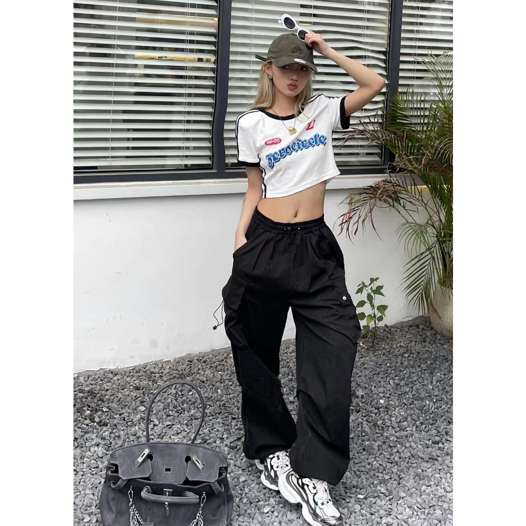 QADCOL Áo Thun Croptop Tay Ngắn Dáng Ôm In Họa Tiết Thời Trang retro Mỹ Cho Nữ