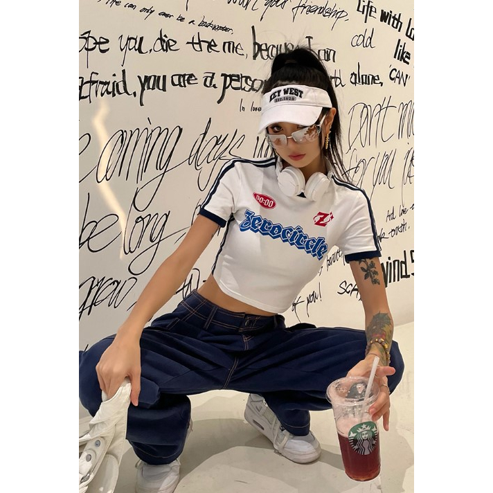 QADCOL Áo Thun Croptop Tay Ngắn Dáng Ôm In Họa Tiết Thời Trang retro Mỹ Cho Nữ