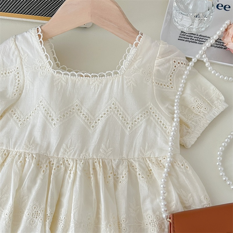 Paulababy Đầm cotton Ngắn Tay Phối Ren Phong Cách Hàn Quốc Thời Trang Mùa Hè Cho Bé Gái 0-6 Tuổi