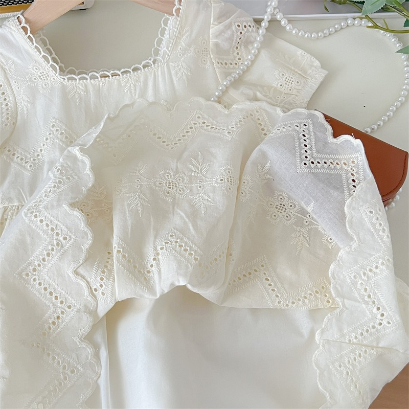 Paulababy Đầm cotton Ngắn Tay Phối Ren Phong Cách Hàn Quốc Thời Trang Mùa Hè Cho Bé Gái 0-6 Tuổi