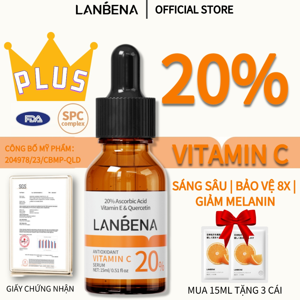 [PLUS] MUA 15ML TẶNG 2 MẶT NẠ Serum Lanbena 4 Trong 1 20% Pure Vitamin C Làm Sáng Da Chống Oxy Hóa Dưỡng Ẩm （15ml）