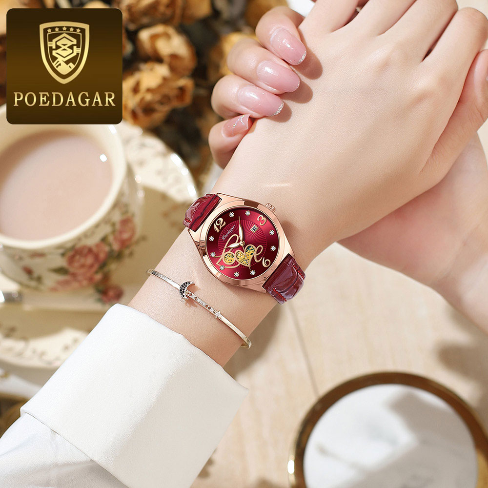 POEDAGAR 310 đồng hồ Đeo Tay nữ Dây da không thấm nước thời trang chính hãng xinh đẹp