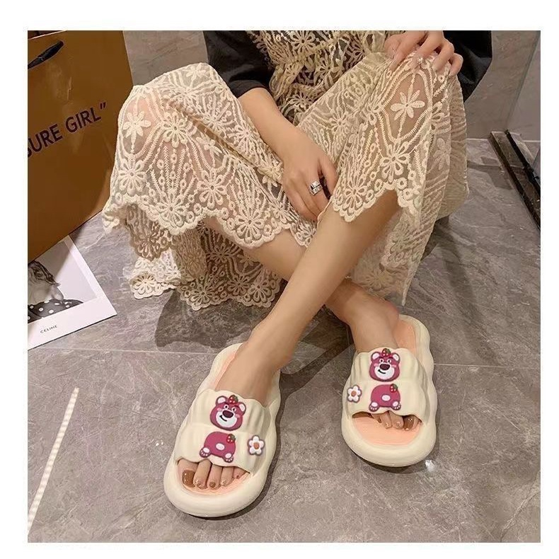 Dép Đế Dày Chống Trượt Họa Tiết Gấu Và Dâu Tây Thời