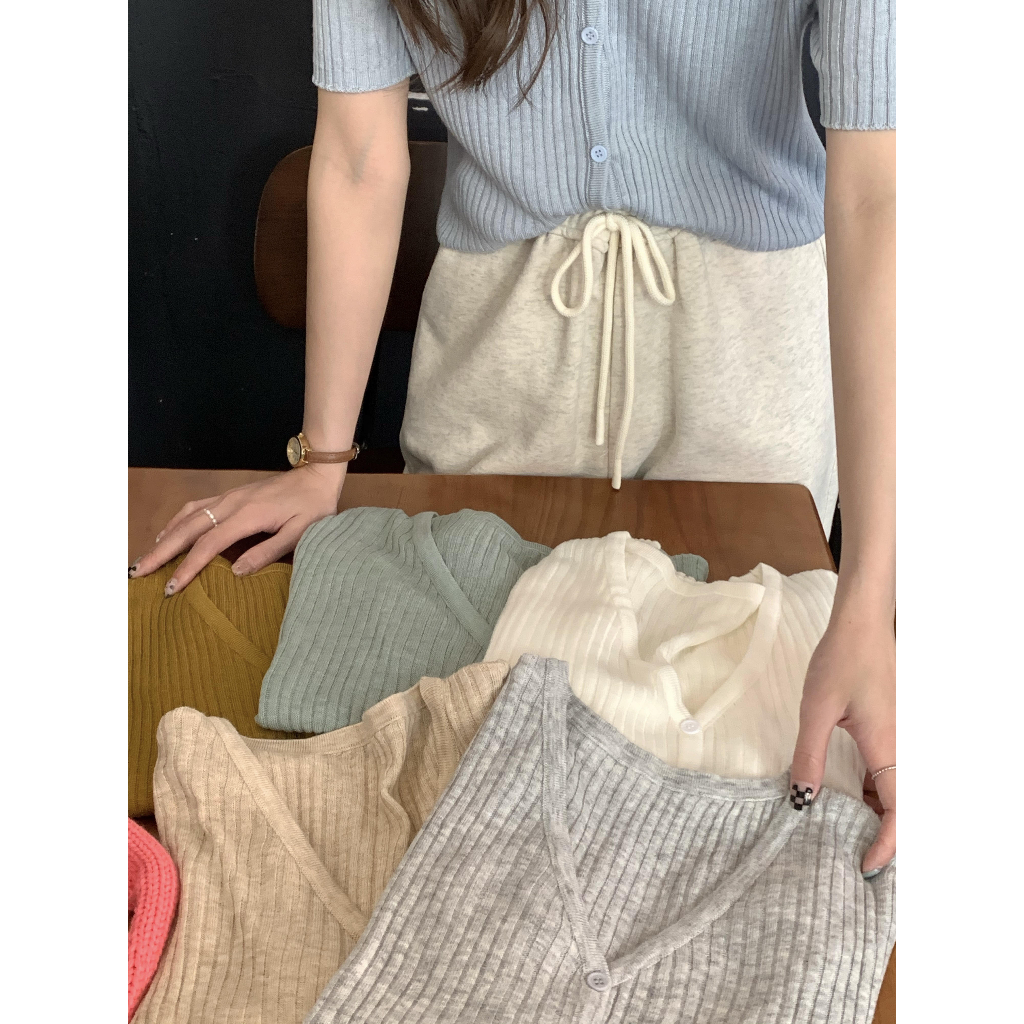 NUZIRO Áo Thun Dệt Kim Mỏng Dáng Rộng Tay Ngắn Cổ Chữ V Thời Trang Mùa Hè Phong Cách Hàn Quốc Cho Nữ