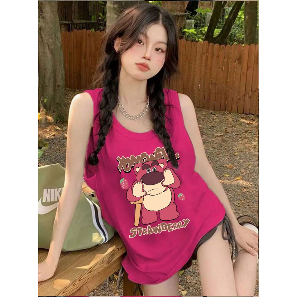 Ethelgirl Áo Thun Tanktop Không Tay Dáng Rộng In Hình Gấu Dâu Tây Thời Trang Mùa Hè Hàn Quốc