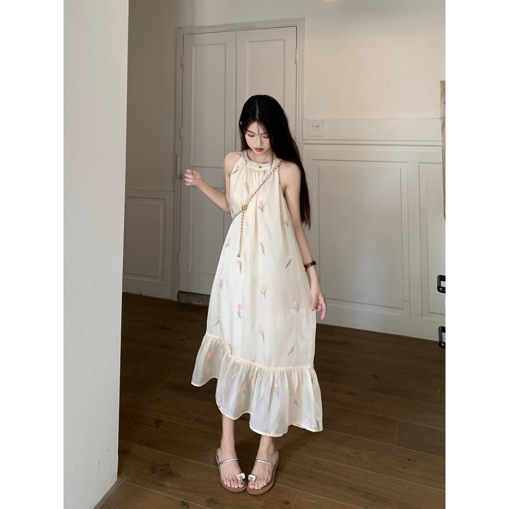 QOEDDV Đầm Midi Dáng Rộng Cổ Treo Phong Cách Pháp Cổ Điển Thanh Lịch Thời Trang Mùa Hè Hàng Mới Dành Cho Bạn Nữ