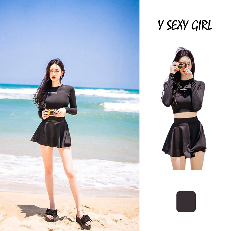 Bộ Đồ Bơi 2 Mảnh Áo Croptop Tay Dài Váy Xòe Màu Đen Trơn Kích Thước Lớn Dành Cho Bạn Nữ