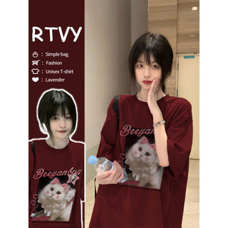 Áo Thun Nữ Ngắn Tay Cổ Tròn Màu Đỏ Rượu Vang In Hình Mèo