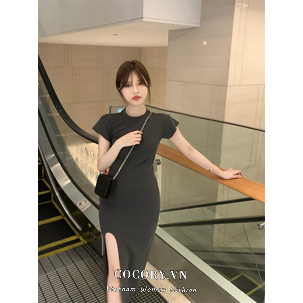 Cocory vn Đầm Tay Ngắn Cổ Tròn Dáng Ôm Xẻ Tà Thời Trang Mùa Hè Quyến Rũ Cho Nữ