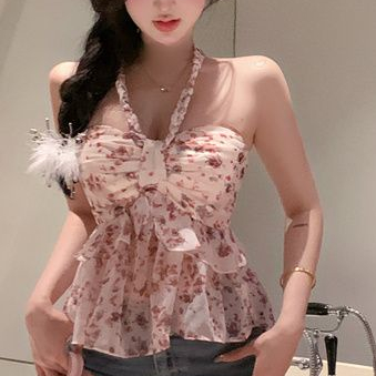 Jiashucheng Áo Sơ Mi Voan Hai Dây Họa Tiết Hoa Đỏ Phong Cách Retro Hàn Quốc Ngọt Ngào Dành Cho Nữ Mặc Ngoài Trời