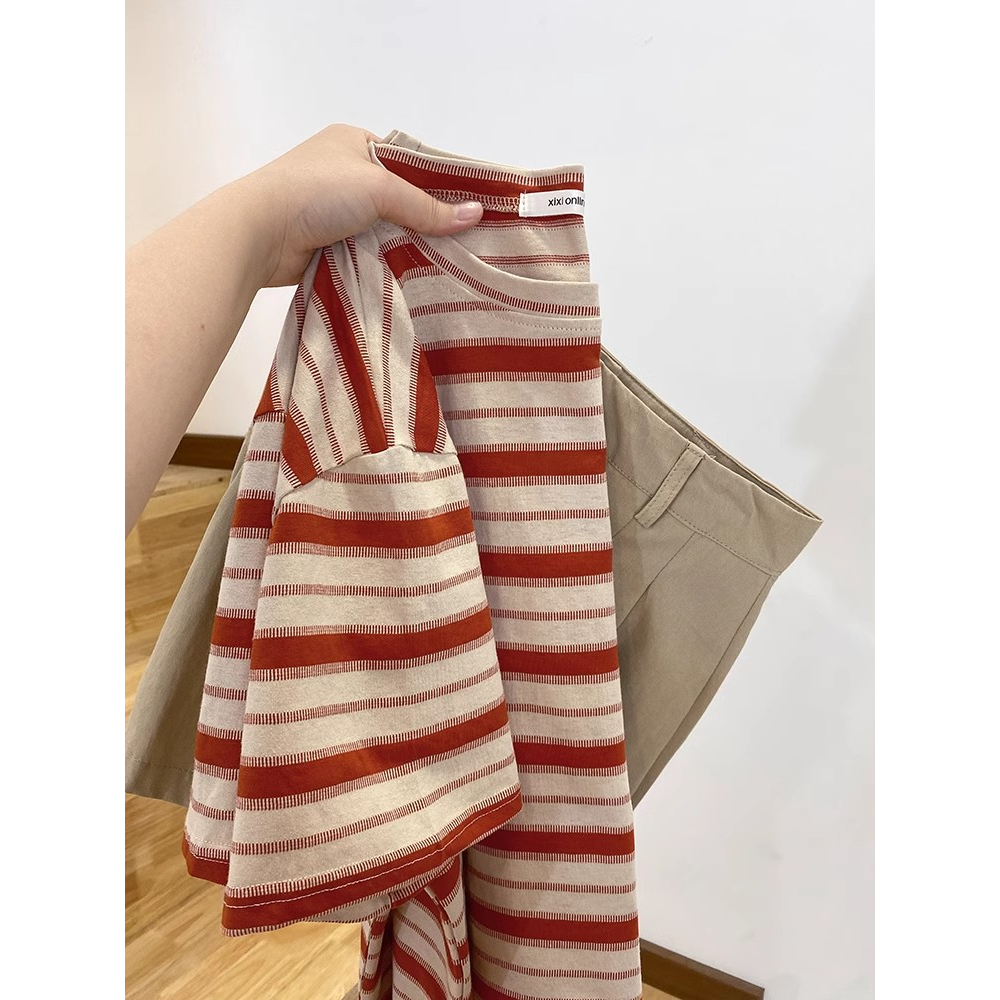 Xiaozhainv Set Áo Thun Ngắn Tay Form Rộng Họa Tiết Kẻ Sọc Và Chân Váy Chữ A Xếp Ly Lưng Cao Thời Trang Mùa Hè Cho Nữ