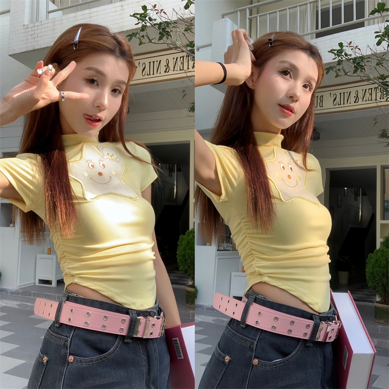 Áo Croptop Tay Ngắn Dáng Ôm In Hình Ngôi Sao Vàng Lalisas Thời Trang Mùa Hè Cho Nữ y2k
