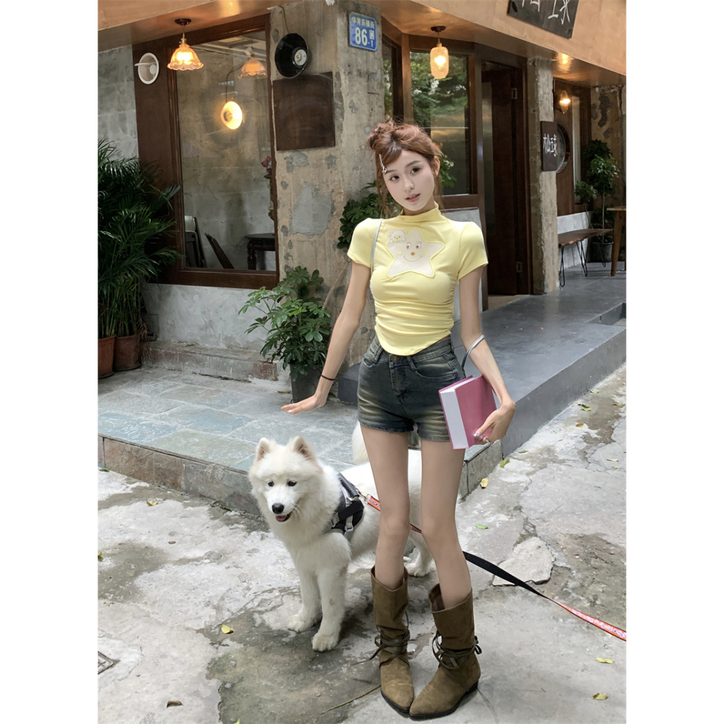 Áo Croptop Tay Ngắn Dáng Ôm In Hình Ngôi Sao Vàng Lalisas Thời Trang Mùa Hè Cho Nữ y2k