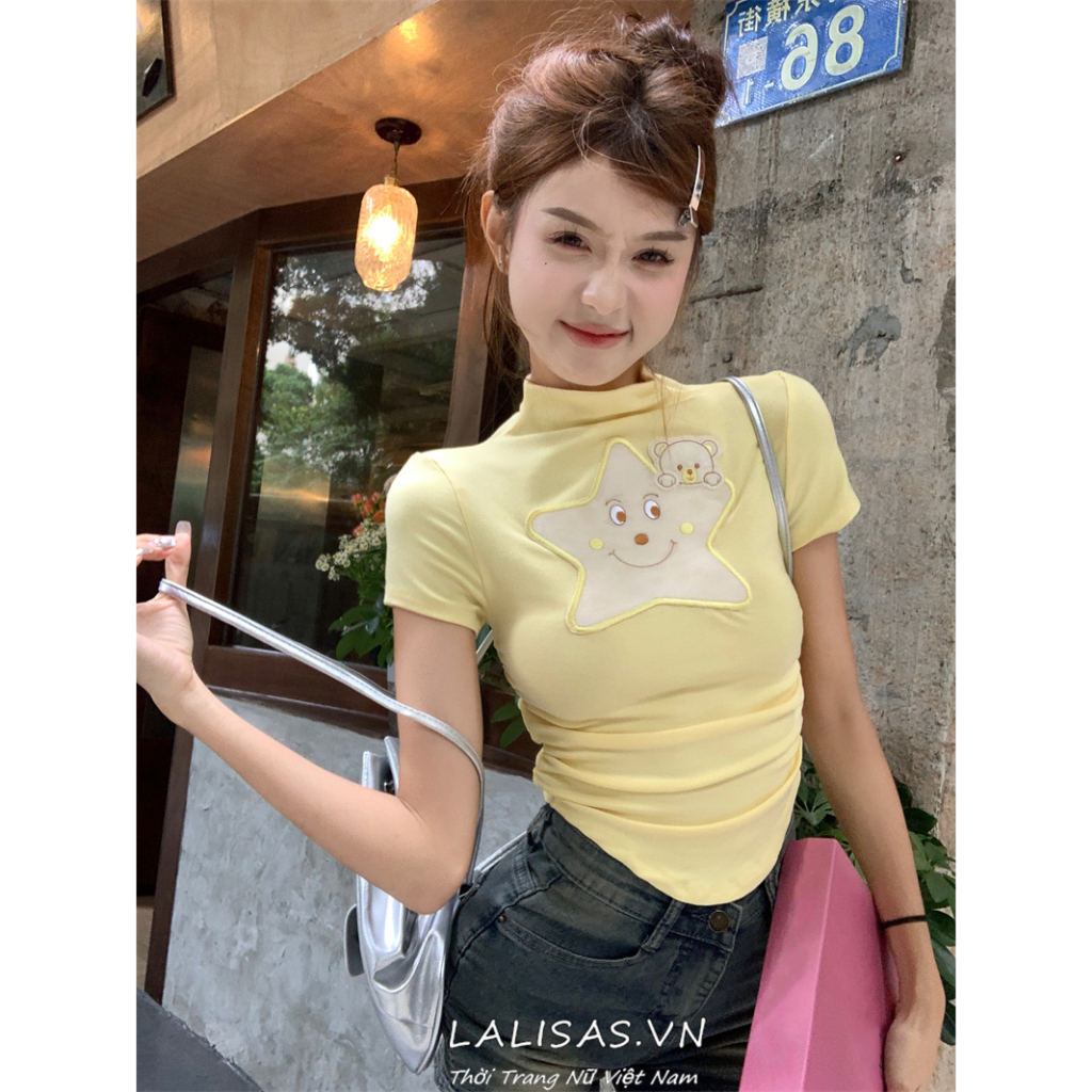 Áo Croptop Tay Ngắn Dáng Ôm In Hình Ngôi Sao Vàng Lalisas Thời Trang Mùa Hè Cho Nữ y2k