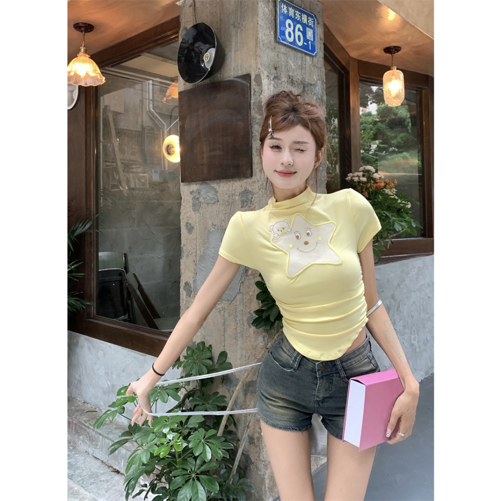Áo Croptop Tay Ngắn Dáng Ôm In Hình Ngôi Sao Vàng Lalisas Thời Trang Mùa Hè Cho Nữ y2k