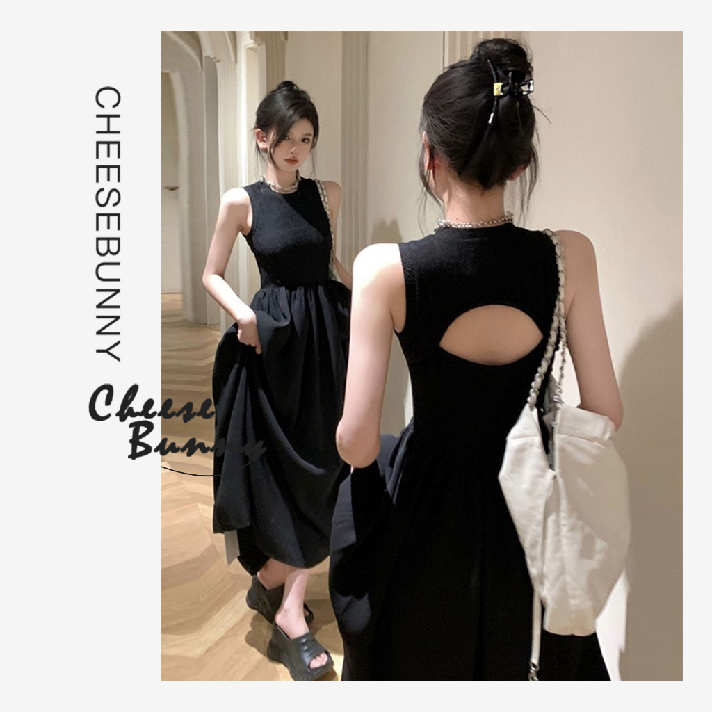 CheeseBunny Đầm Dài Không Tay Một Mảnh Màu Đen Eo Cao Không Tay Hàng