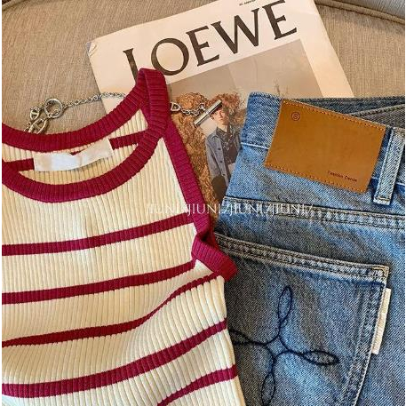 Jiashucheng Áo Hai Dây Dệt Kim Kẻ Sọc Trắng Hồng Phong Cách Mới Ngọt Ngào Mùa Hè Cho Nữ