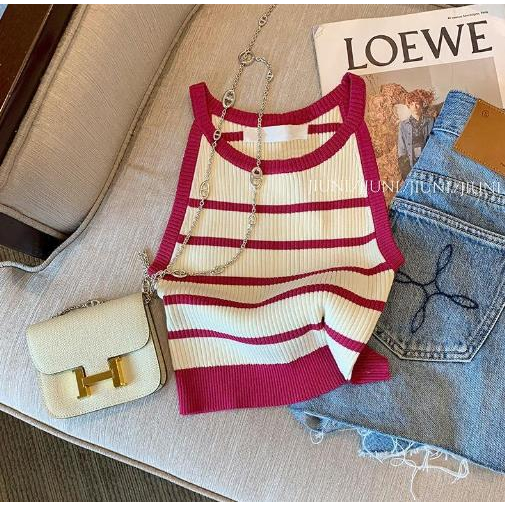 Jiashucheng Áo Hai Dây Dệt Kim Kẻ Sọc Trắng Hồng Phong Cách Mới Ngọt Ngào Mùa Hè Cho Nữ