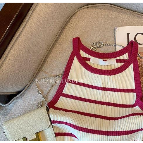 Jiashucheng Áo Hai Dây Dệt Kim Kẻ Sọc Trắng Hồng Phong Cách Mới Ngọt Ngào Mùa Hè Cho Nữ