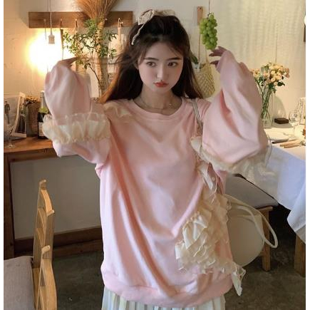 Jiashucheng Áo Sweatshirt Dáng Rộng Nhiều Lớp Ren Màu Hồng Ngọt Ngào Công Nghiệp Nặng Dễ Phối Đồ Mùa Thu Hàn Quốc Jiashucheng