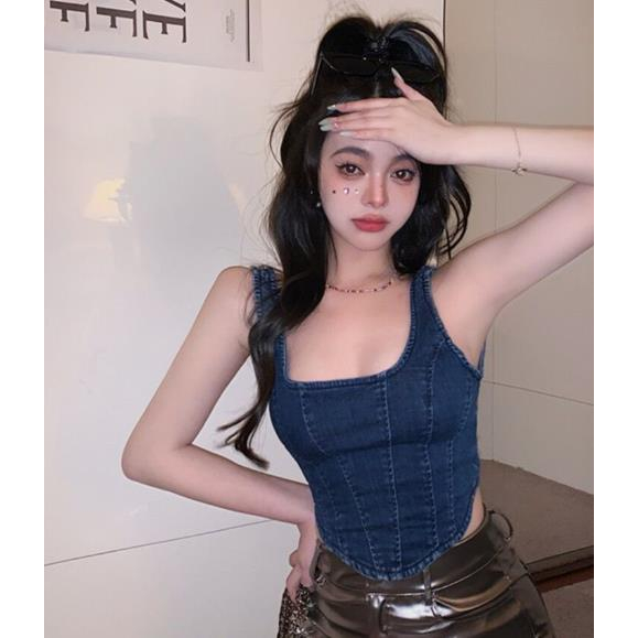 Jiashucheng JSC Áo Denim Hai Dây Dáng Ngắn Màu Xanh Dương Đậm Phong Cách Retro Mùa Hè Cho Nữ