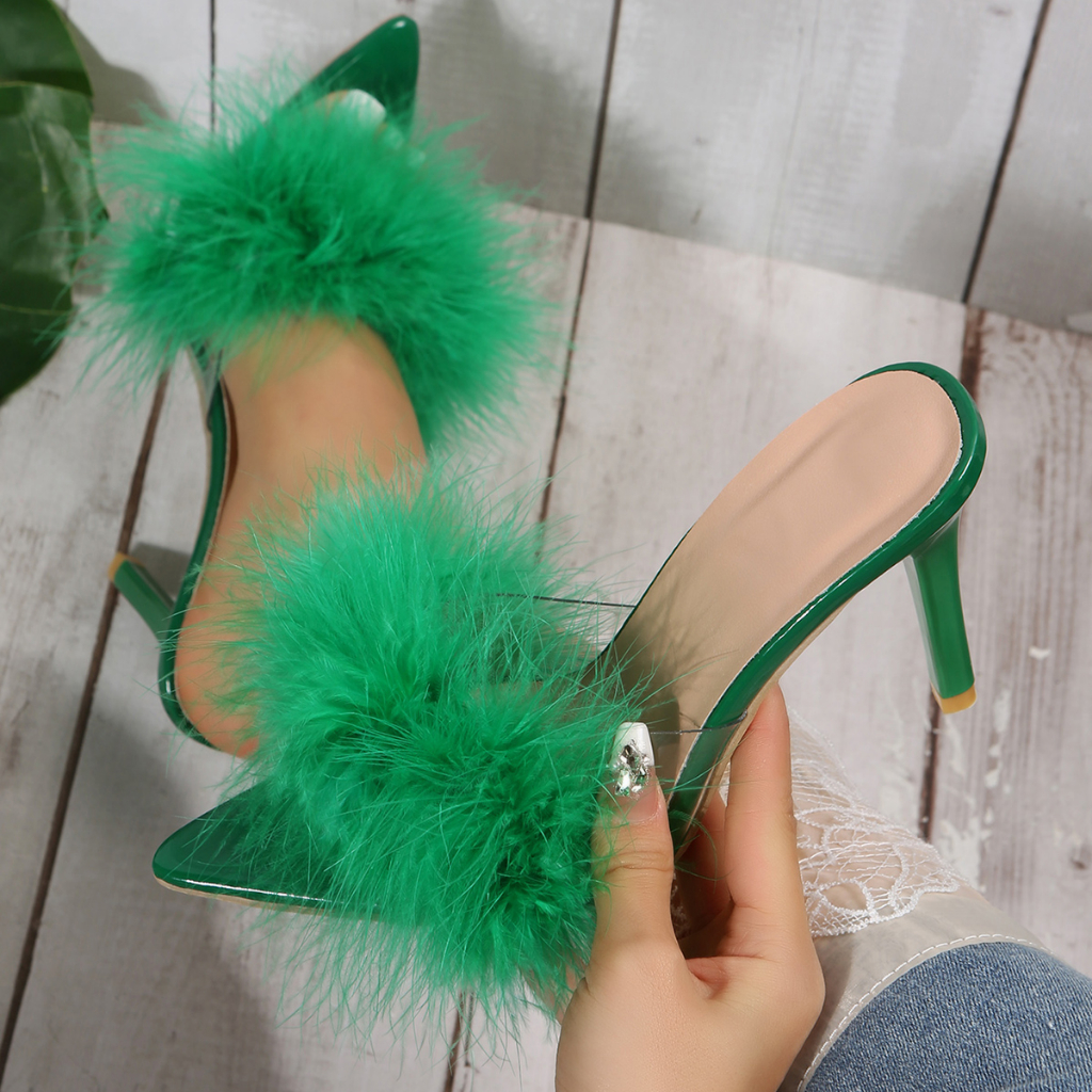 Giày Cao Gót 3.74 Inch Mũi Nhọn Phối Lông Nhiều Màu Sắc Thời Trang Có Size 35-43