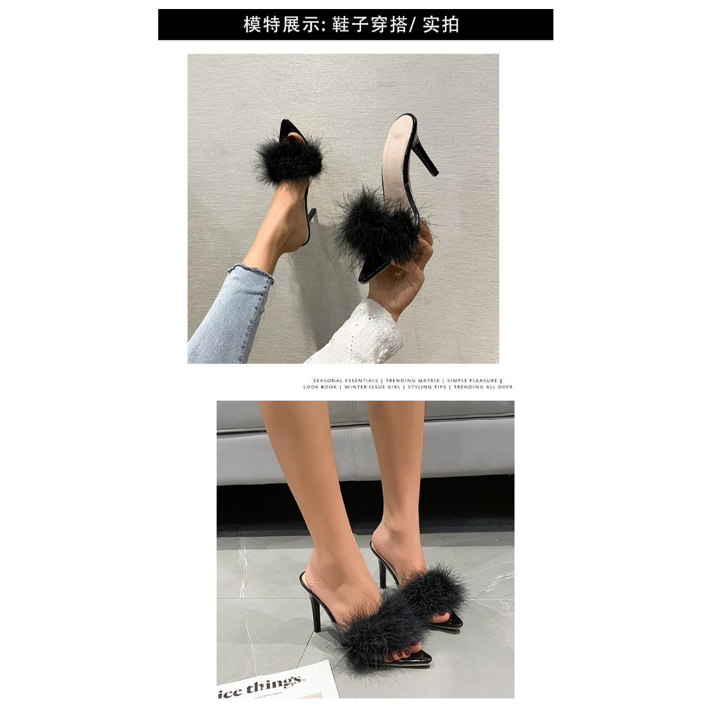 Giày Cao Gót 3.74 Inch Mũi Nhọn Phối Lông Nhiều Màu Sắc Thời Trang Có Size 35-43