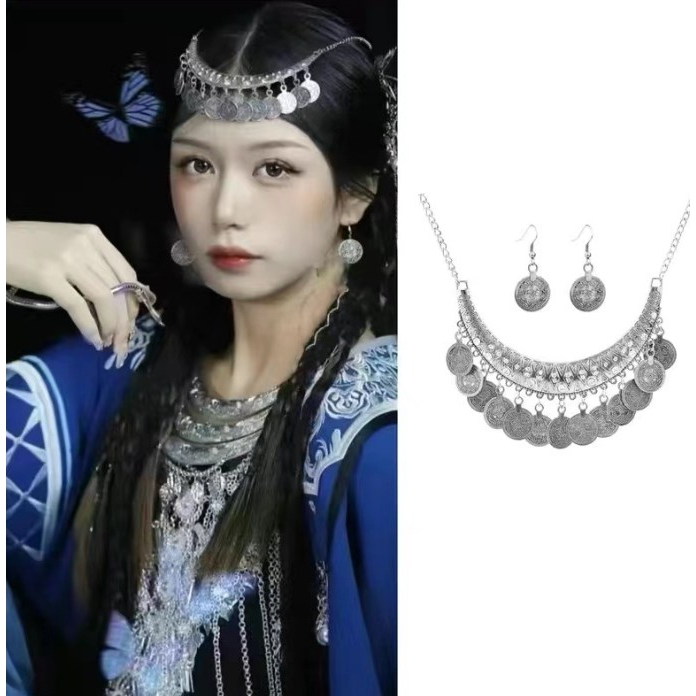 Bộ 2 Vòng cổ + Bông Tai Hình Đồng Xu Phong Cách Dân Tộc Thời Trang Cho Nữ
