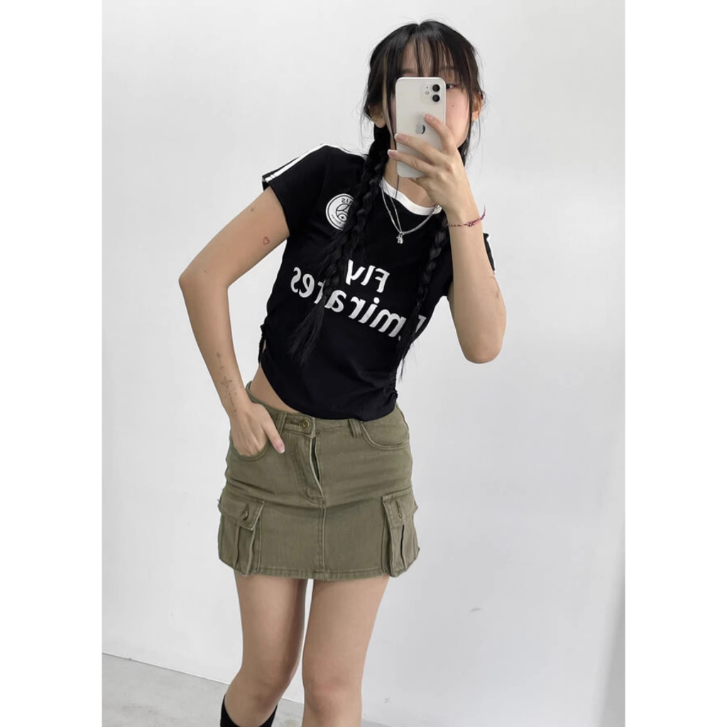 Áo Thun Tay Ngắn Cổ Tròn Dáng Ôm Phối Dây Rút Thời Trang Mùa Hè Dành Cho Nữ