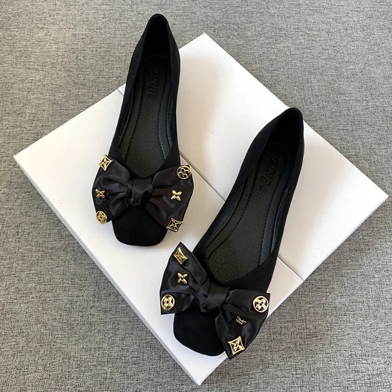 Giày Búp Bê Đế Mềm Mũi Vuông Đính Nơ Thời Trang 2023 Cho Nữ Size 32-44