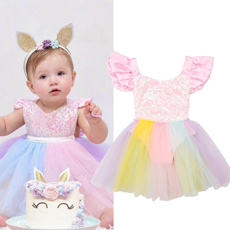 Đầm Công Chúa Chất Cotton Phối Lưới In Họa Tiết Kỳ Lân / Cầu Vồng Dễ Thương Thời Trang Cho Bé Gái