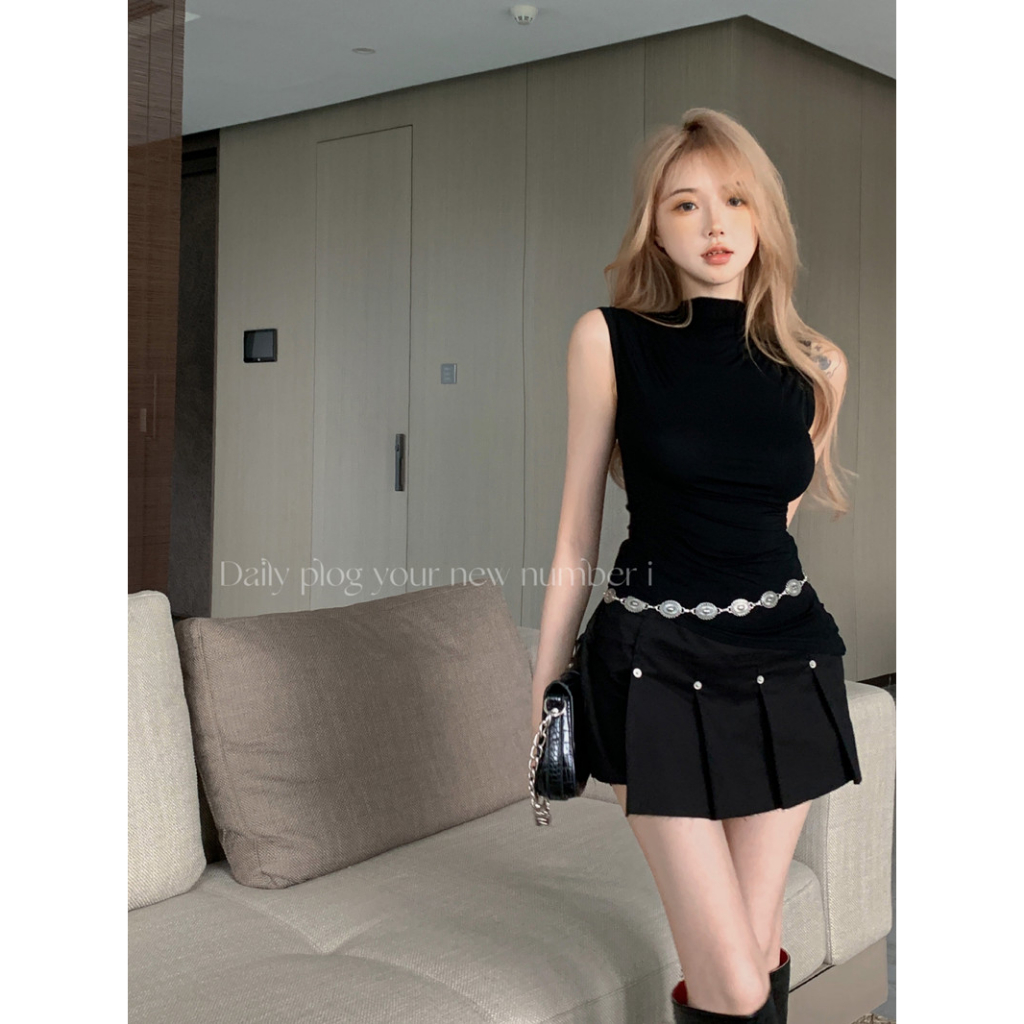 【COLORBLLIND】Bộ Áo Sát Nách Xếp Ly + Chân Váy Ngắn Dáng Chữ A Xếp Ly Thiết Kế Bất Đối Xứng Thời Trang Trẻ Trung