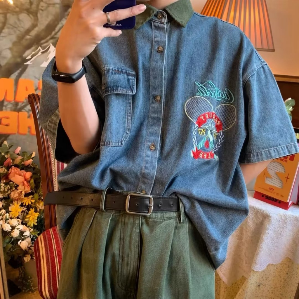 Áo Sơ Mi Tay Ngắn Dáng Rộng Phong Cách Cao Bồi Nhật Bản Thời Trang Mùa Hè Cho Nam Và Nữ